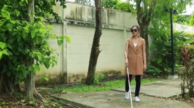 Kör Asyalı kadının bitkilerden gelen temiz havaya ve ozona ihtiyacı var. Yürümek için baston kullanarak parkta kaldırımda yavaşça yürür. Köyün içinde temiz havanın olduğu bir bahçede.