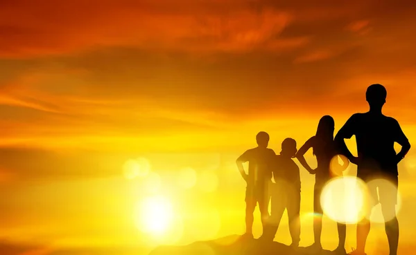 Silhouette family sports : Elderly parents and son and daughter exercising health care healthy warm up exercise rotate your waist joyful and happy. Exercise at sunset