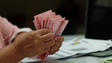 Yaşlı kadınların elleri harcamalar, tasarruflar, sigorta ve diğer pek çok aile finans şirketleri için büyük miktarlarda para sayar..