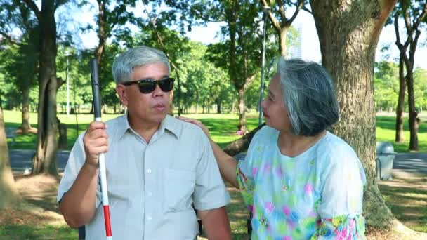 Starší Žena Pečuje Povzbuzuje Nemocného Slepého Manžela Dotýká Jeho Rukou — Stock video