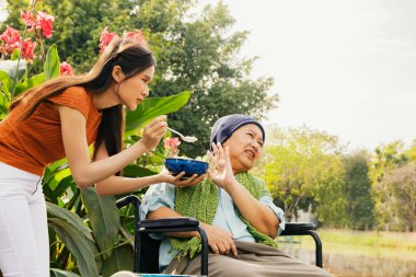 Kanserli, tekerlekli sandalyede oturup vücudu ve sağlığı yerine getirmek için çorba içen yaşlı bir anne ile ilgilenen bir anne. Ama anne yemekten sıkılmış ve tatsız yemekler yemek istemiyor..