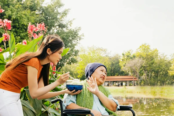 Daughter taking care health elderly mother who is sick with cancer sitting in wheelchair to eat soup to restore body and health but mother is bored of food doesn\'t want to eat bland food and can\'t eat