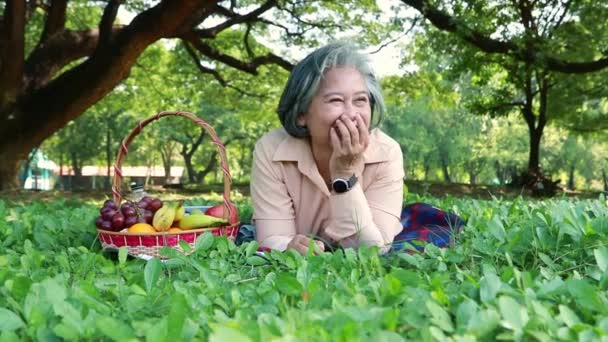Пожилая Женщина Отставке Радостным Сердцем Пожилая Азиатка Тысячелетнее Путешествие Отдыхает — стоковое видео