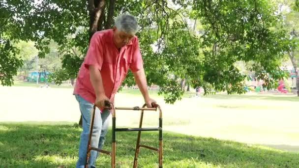 Asian Elderly Man Recovering Paralysis Physiotherapy Using Crutches Support His — Videoclip de stoc