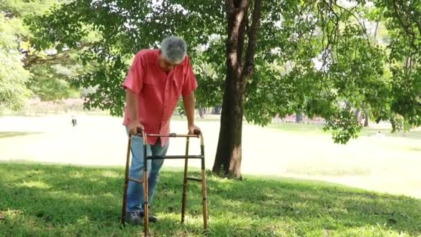 Азиатский Пожилой Человек Восстанавливается После Паралича Помощью Физиотерапии Использует Костыли — стоковое видео