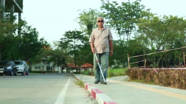 Starszy Niewidomy Azjata Używa Okularów Przeciwsłonecznych Laska Dla Niewidomych Spacery — Wideo stockowe