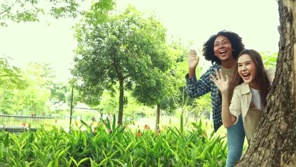 言ってやるがいい アジア系アメリカ人とアフリカ系アメリカ人の親友2人が公園で遊んでいて 大きな木の陰で密かに立って ユーモラスな笑顔で挨拶している — ストック動画