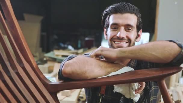 Portrait Handsome Caucasian Carpenter Worker Working Furniture Factory Looking Camera — 비디오