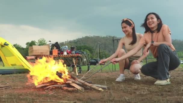 Wakacyjne Aktywności Kempingowe Dwie Podekscytowane Azjatyckie Dziewczyny Przy Pięknym Ognisku — Wideo stockowe