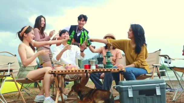 男性と女性の友人ギャング自然のフィールドを楽しんで休暇旅行キャンプ旅行休暇で楽しいビールを飲みながら座っている — ストック動画