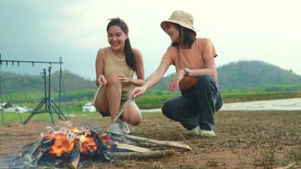Отдых Кемпинге Две Возбужденные Азиатские Девушки Красивого Пылающего Костра Перед — стоковое видео