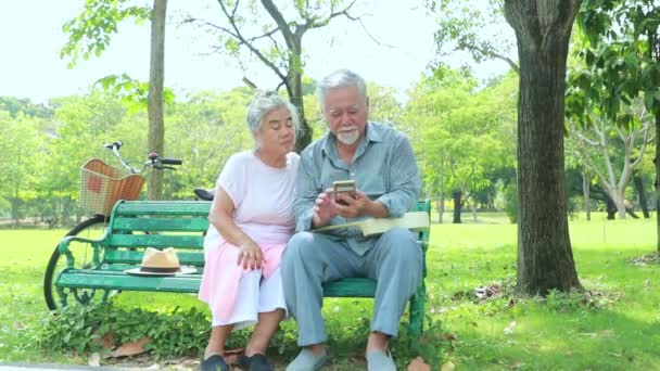 Elderly Couple Travel Camping Sitting Wooden Chairs Relaxing Park Playing — Stock Video