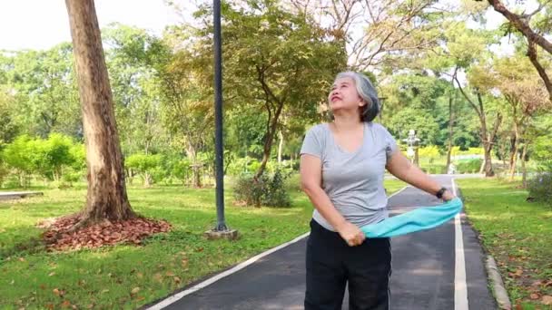Азиатская Здоровая Пожилая Женщина Идущая Утренние Упражнения Теневом Парке Хорошая — стоковое видео