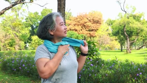 Азиатская Здоровая Пожилая Женщина Делает Утренние Упражнения Теневом Парке Хорошая — стоковое видео