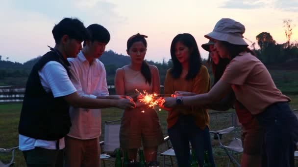アジアの男性と女性のフレンドリーなグループは 美しい火花で夜を花火に火を設定して楽しい歌踊りを楽しんでレクリエーション活動をしています旅行日のキャンプ旅行の休日 — ストック動画