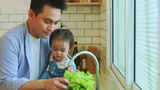 Asyalı Baba Işleri Yapıyor Kızıyla Birlikte Taze Yeşil Sebzeleri Yıkıyor — Stok video