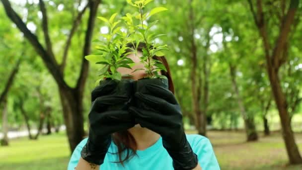 Jonge Schattig Aziatische Jonge Vrouw Vrijwilligerswerk Planten Bomen Bescherming Van — Stockvideo
