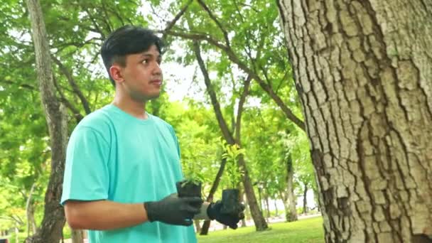ハンサムなアジアの男性ボランティア植樹木は 小さな苗を立って歩く環境を保護し 緑と美しい木を育てる準備をする大きな背の高い木を見ています — ストック動画