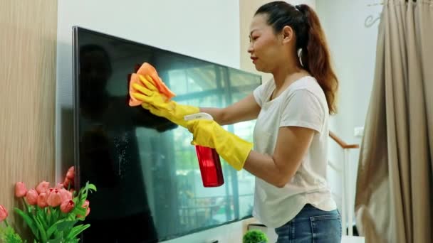 Donas Casa Trabalhando São Felizes Casa Para Higiene Reduzindo Problemas — Vídeo de Stock