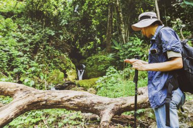 Kafkas genç adam tropik dağ orman kaşifi yalnız maceraperest kendi konumunu bulur ve güzel verimli şelale patikalarında yön bulma planı için pusulayı tutar..