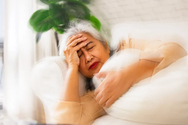 Elderly Asian Woman Sleep Sofa Frail Health Lying Ill Ischemic — Stock Photo, Image