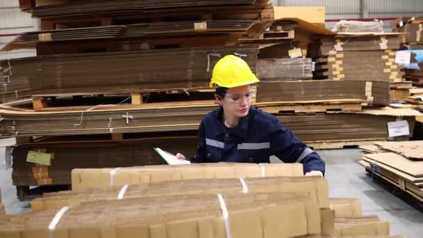 肖像工专业年轻漂亮的仓库女工检查仓库内的货物纸板厂产品包装物流工作记录在剪贴板上 — 图库视频影像