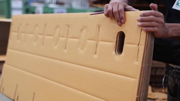 Erkek Işçi Kağıt Paketleme Endüstrisinde Paketlemek Için Karton Kutularda Delikler — Stok video