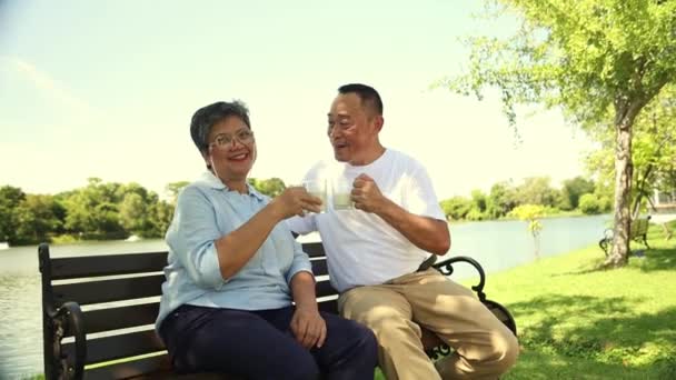Portrait Sain Couple Asiatique Âgé Buvant Lait Sain Faisant Attention — Video
