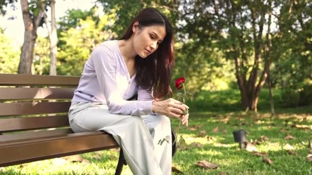 Young Asian Woman Disappointed Love Sits Alone Garden Plucking Roses — Stock Video