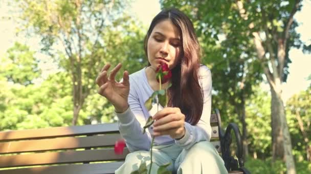 Giovane Donna Asiatica Delusa Amore Siede Solo Giardino Cogliere Rose — Video Stock