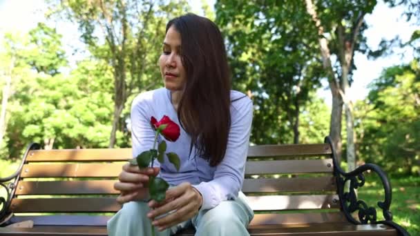 Młoda Azjatka Rozczarowana Miłością Siedzi Sama Ogrodzie Oskubując Róże Rzucając — Wideo stockowe