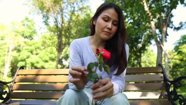 Молода Азіатка Розчарована Коханні Сидить Самоті Саду Вириваючи Троянди Кидаючи — стокове відео