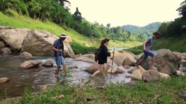 Groupe Touristes Masculins Féminins Marchaient Pour Explorer Nature Forêt Tropicale — Video
