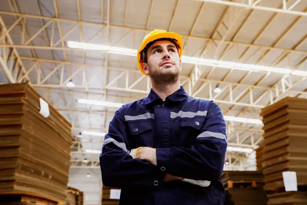 Portrait handsome caucasian man wearing safety helmet professional security guard in cardboard box warehouse export logistics factory standing intelligently patrolling warehouse internal security.