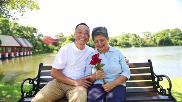 Soulmates Senior Aziatisch Paar Gelukkige Trouwdag Valentijnsdag Met Man Geeft — Stockvideo