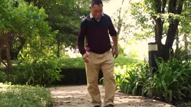 高齢アジアの男性は 右膝関節関節炎の痛みと老化のスタンド 治療マッサージによる痛みの緩和に苦しみ 体の悪化に立っています — ストック動画