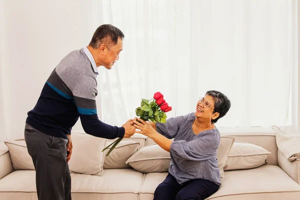 Soul mate, senior asian couple surprise wedding anniversary valentine\'s day by giving big bouquet of red roses to couple who have been in love for long time, make surprise in their home.