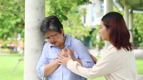 高齢のアジアの女性は突然深刻な心臓発作を起こし 息を止めることができず 胸の痛みが若い女性によって緊急に助けられ 病院に運ばれたと感じました — ストック動画