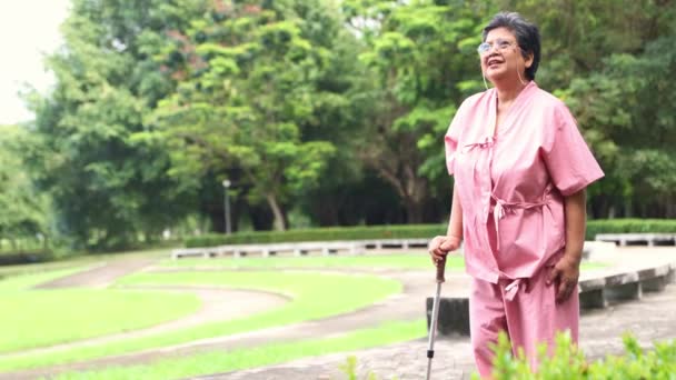在医院的草坪上 年龄较大的亚洲妇女利用散步者在阴暗的公园自然中慢慢地进行运动 以保持她生病后的健康 使她的身体恢复正常 — 图库视频影像