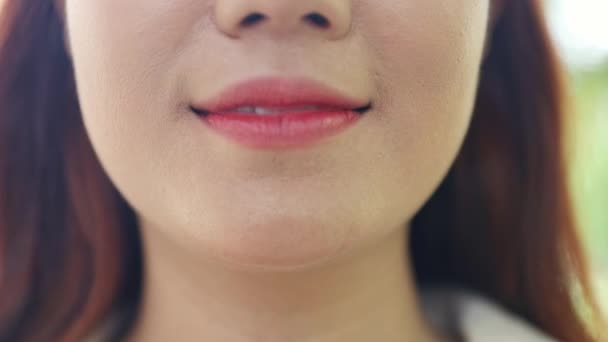 Gros Plan Visage Jeune Femme Asiatique Sourit Bonne Humeur Avec — Video