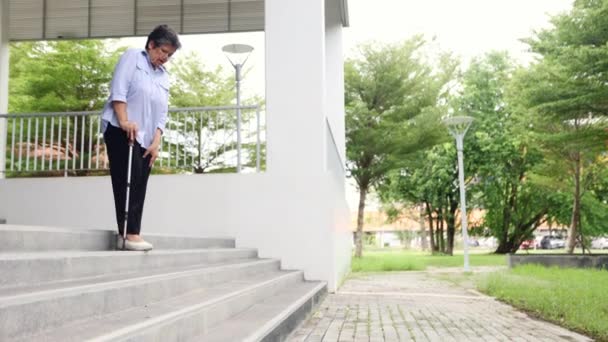 Ältere Asiatische Frau Geht Die Treppe Von Einem Hohen Gebäude — Stockvideo