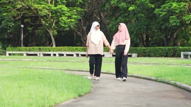 Muszlim Anya Lánya Kéz Kézben Járnak Parkban Pihenés Pihenés Idősek — Stock videók