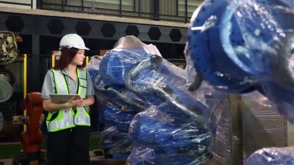 倉庫ロボットの新しいロボットゾーンを注意深く検査する女性エンジニアが密封された明確な防塵プラスチックで覆われ ロボット検査サービスが電気テストを待っています — ストック動画