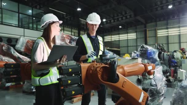 Male Female Electricians Check Analog Controls Welding Robot Testing Process — 图库视频影像