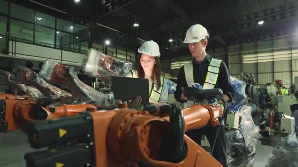 Male Female Electricians Check Analog Controls Welding Robot Testing Process — 图库视频影像