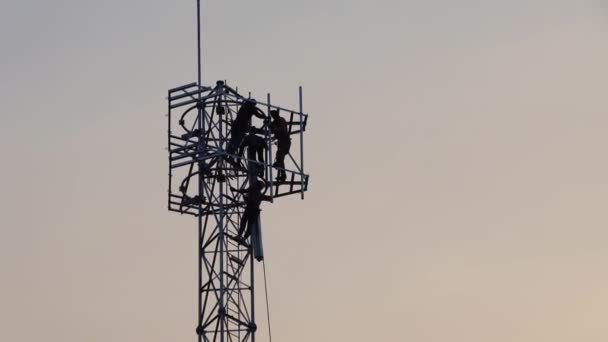 Silhueta Trabalho Equipe Trabalhadores Sexo Masculino Construindo Pólo Telecomunicações Torre — Vídeo de Stock