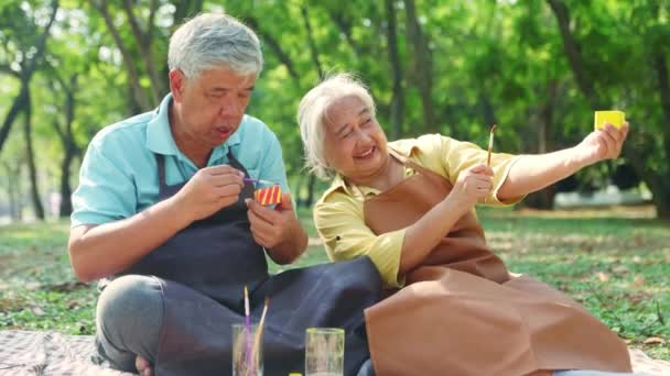 Senior Paar Farbkünstler Sitzen Auf Dem Rasen Garten Genießen Ihre — Stockvideo
