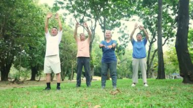 Asyalı yaşlılardan oluşan bir grup sağlıklı emekliler birlikte spor yapıyorlar. Keyifleri yerinde uzun bir yaşam sürün. Kaslarınızı çalıştırın..