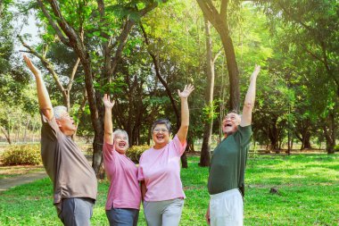 Neşeli Asyalı yaşlılar emekliler sağlıklı bir şekilde emekli oluyor. Spor yaparak, spor yaparak eğleniyorlar. Sabahları keyifli bahçeler kuruyorlar..