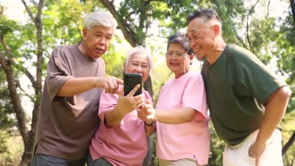 Gruppe Vier Gesunde Asiatische Rentner Stehen Gespannt Und Schauen Neugierig — Stockvideo